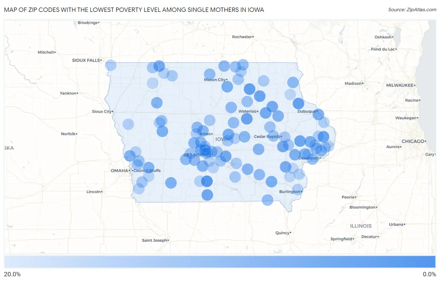 Zip Codes with the Lowest Poverty Level Among Single Mothers in Iowa Map