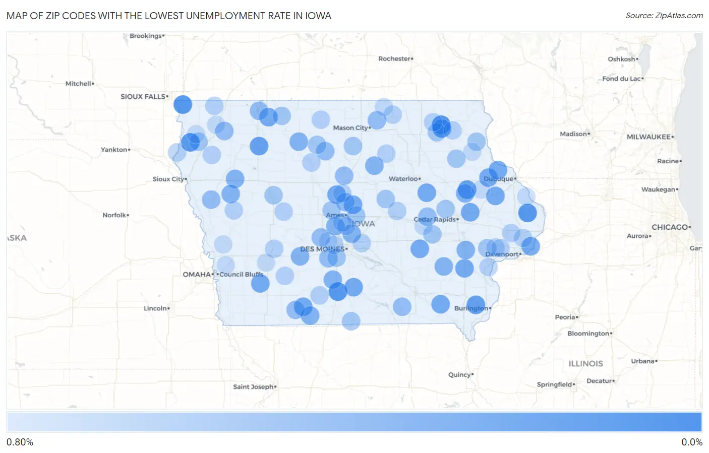 Zip Codes with the Lowest Unemployment Rate in Iowa Map