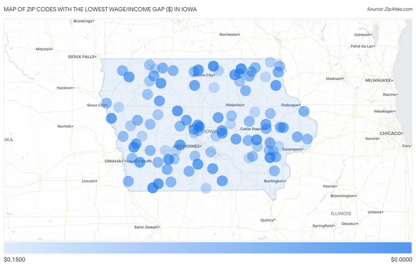Zip Codes with the Lowest Wage/Income Gap ($) in Iowa Map