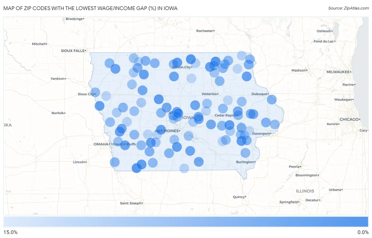 Zip Codes with the Lowest Wage/Income Gap (%) in Iowa Map