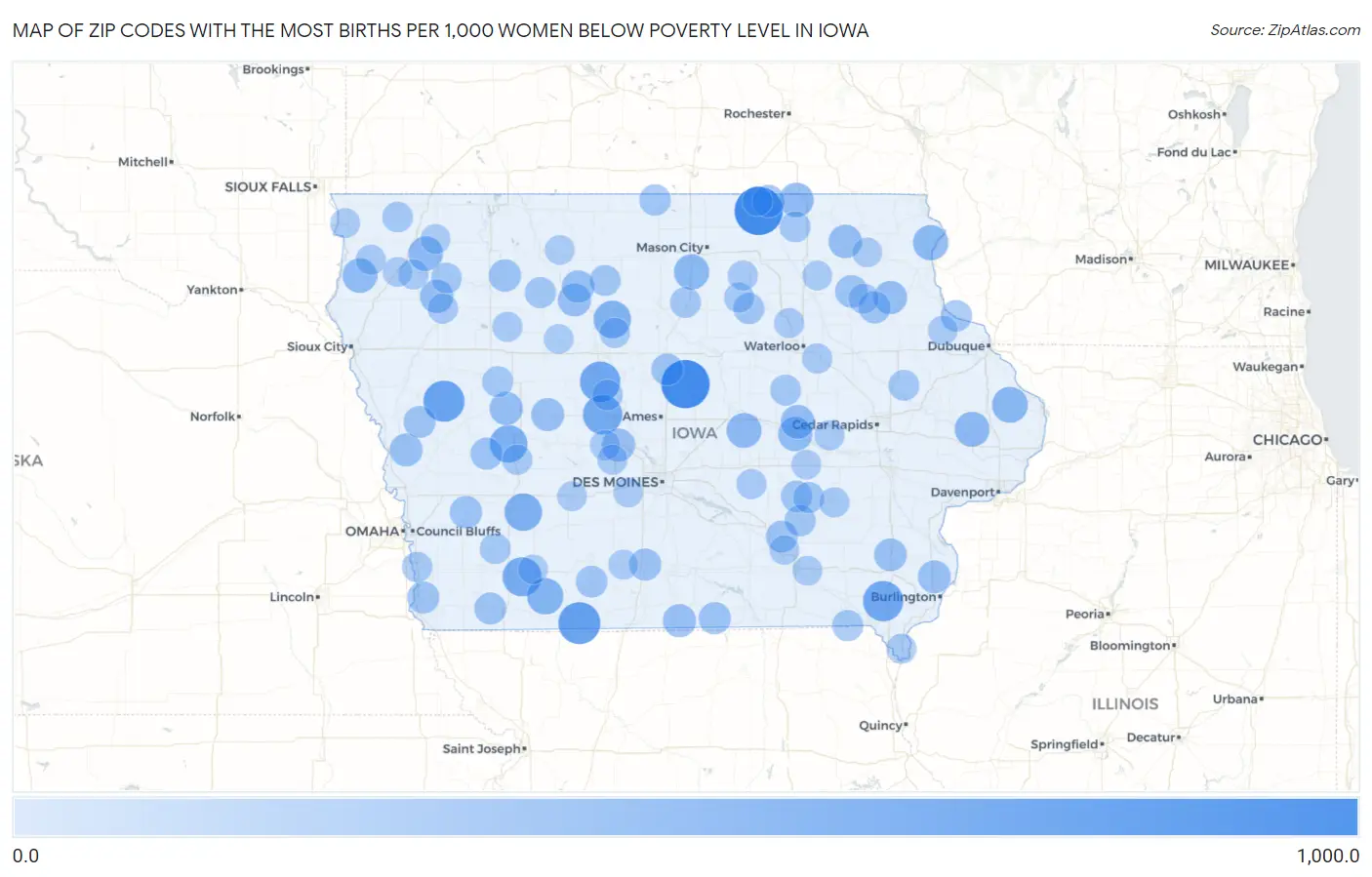 Zip Codes with the Most Births per 1,000 Women Below Poverty Level in Iowa Map