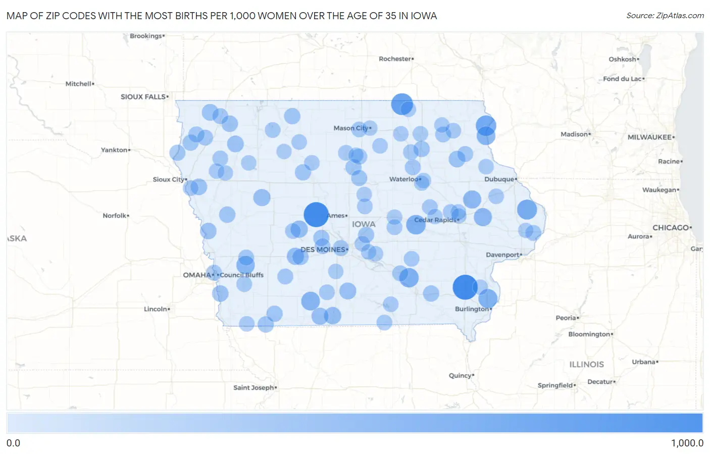 Zip Codes with the Most Births per 1,000 Women Over the Age of 35 in Iowa Map