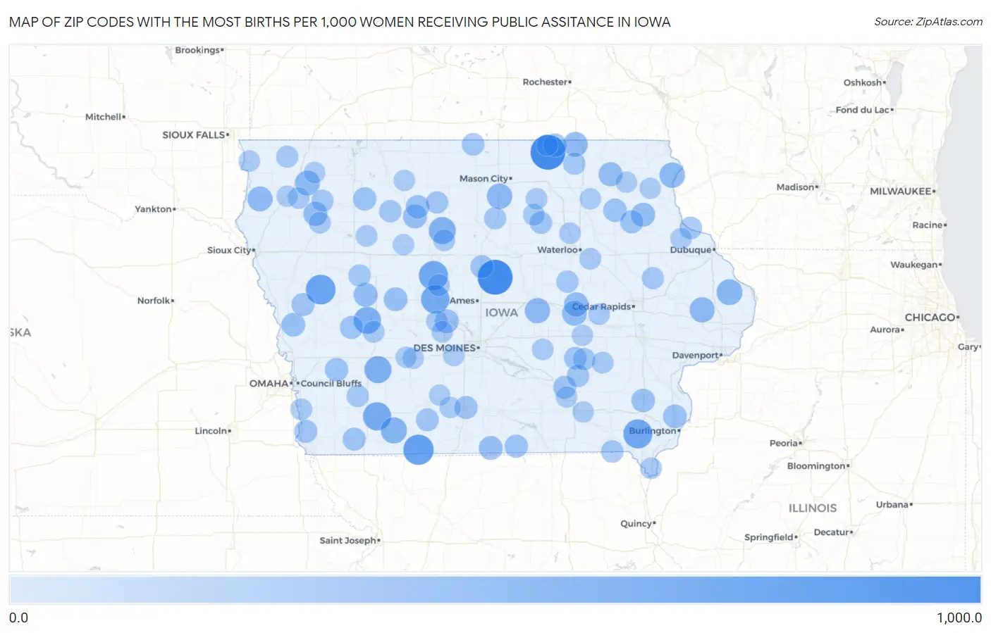 Zip Codes with the Most Births per 1,000 Women Receiving Public Assitance in Iowa Map
