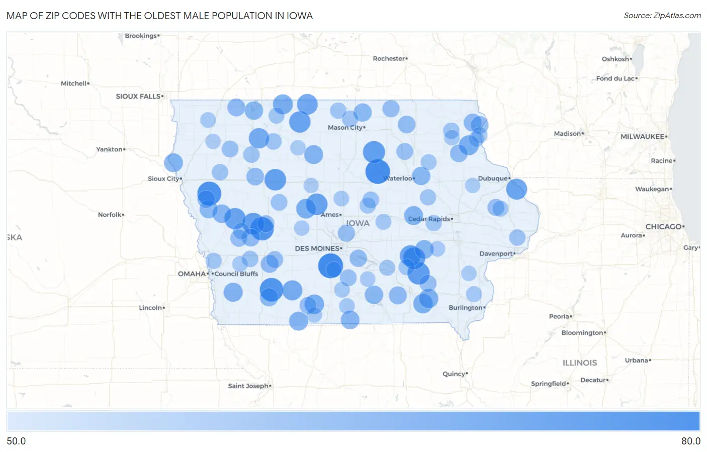 Zip Codes with the Oldest Male Population in Iowa Map