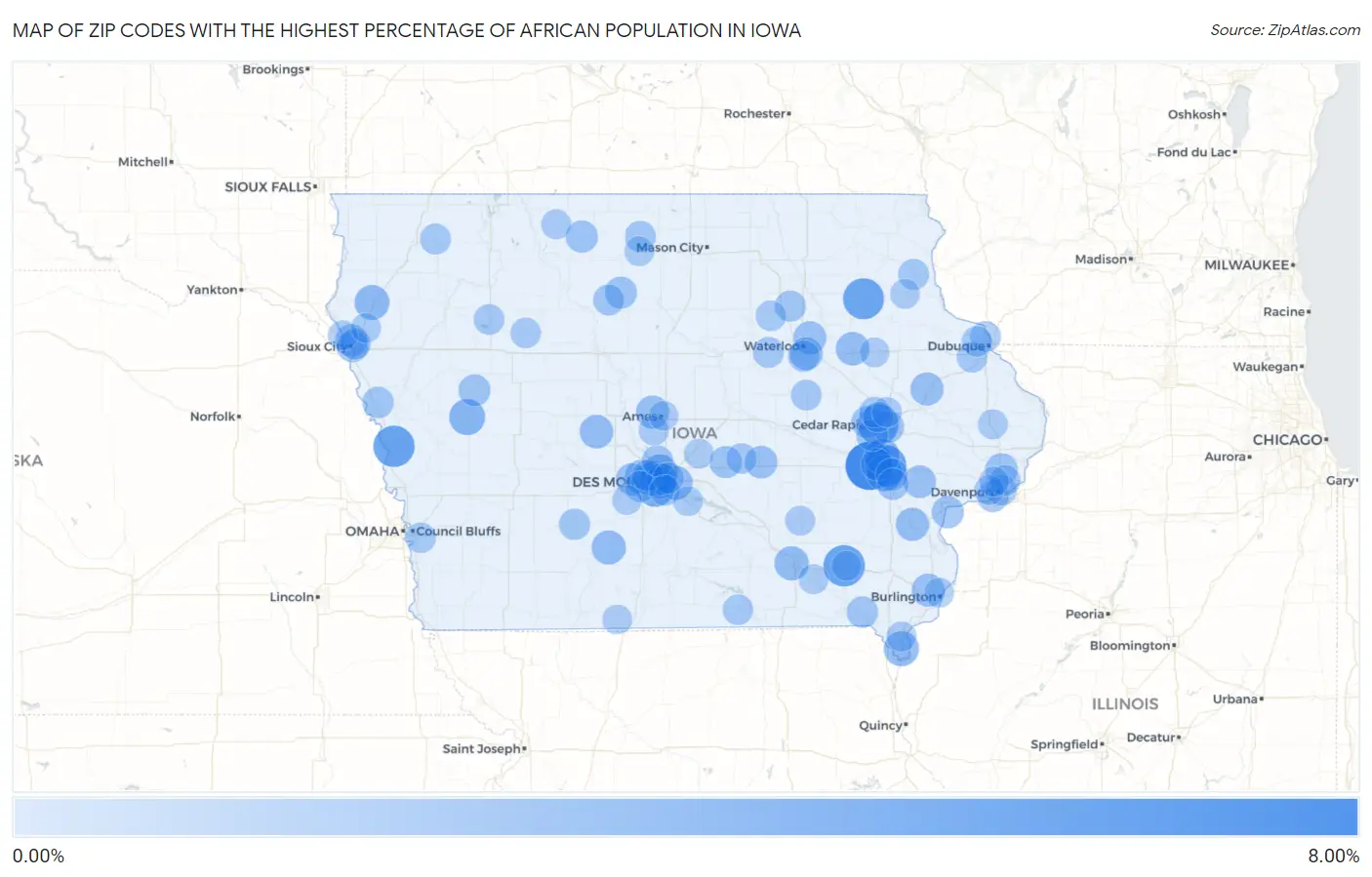 Zip Codes with the Highest Percentage of African Population in Iowa Map