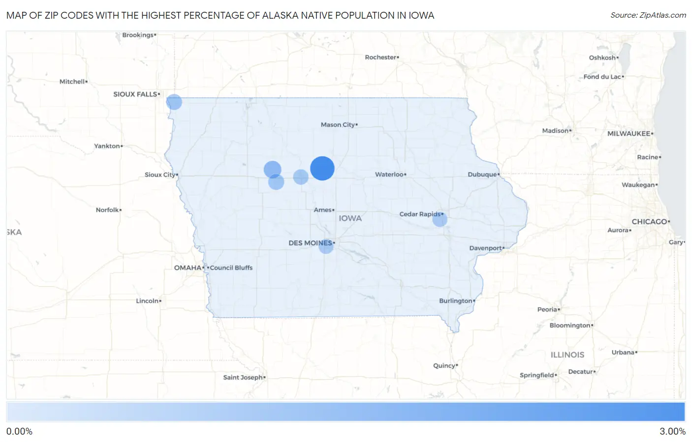 Zip Codes with the Highest Percentage of Alaska Native Population in Iowa Map