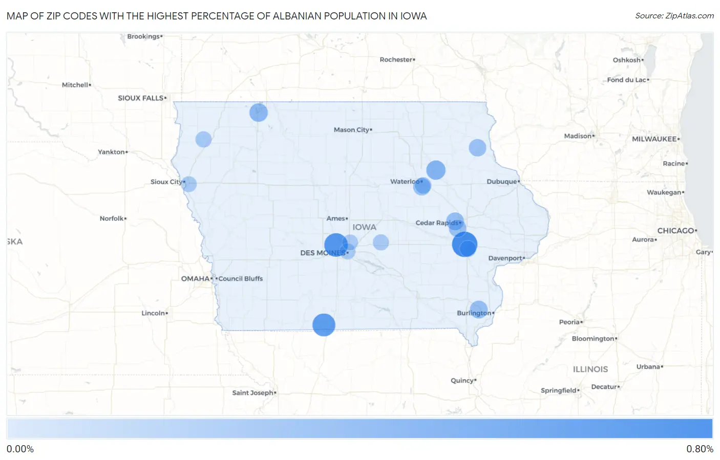 Zip Codes with the Highest Percentage of Albanian Population in Iowa Map
