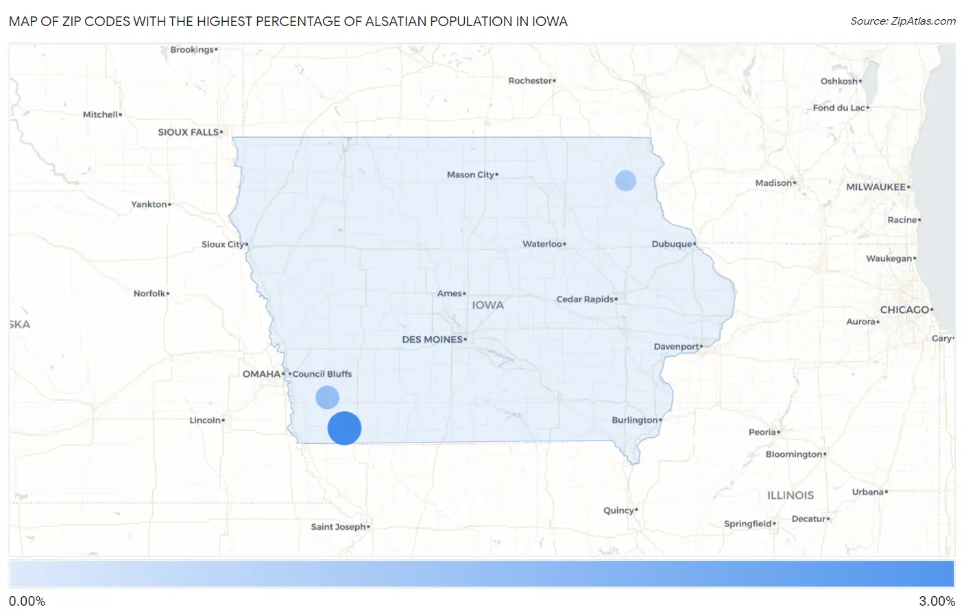 Zip Codes with the Highest Percentage of Alsatian Population in Iowa Map