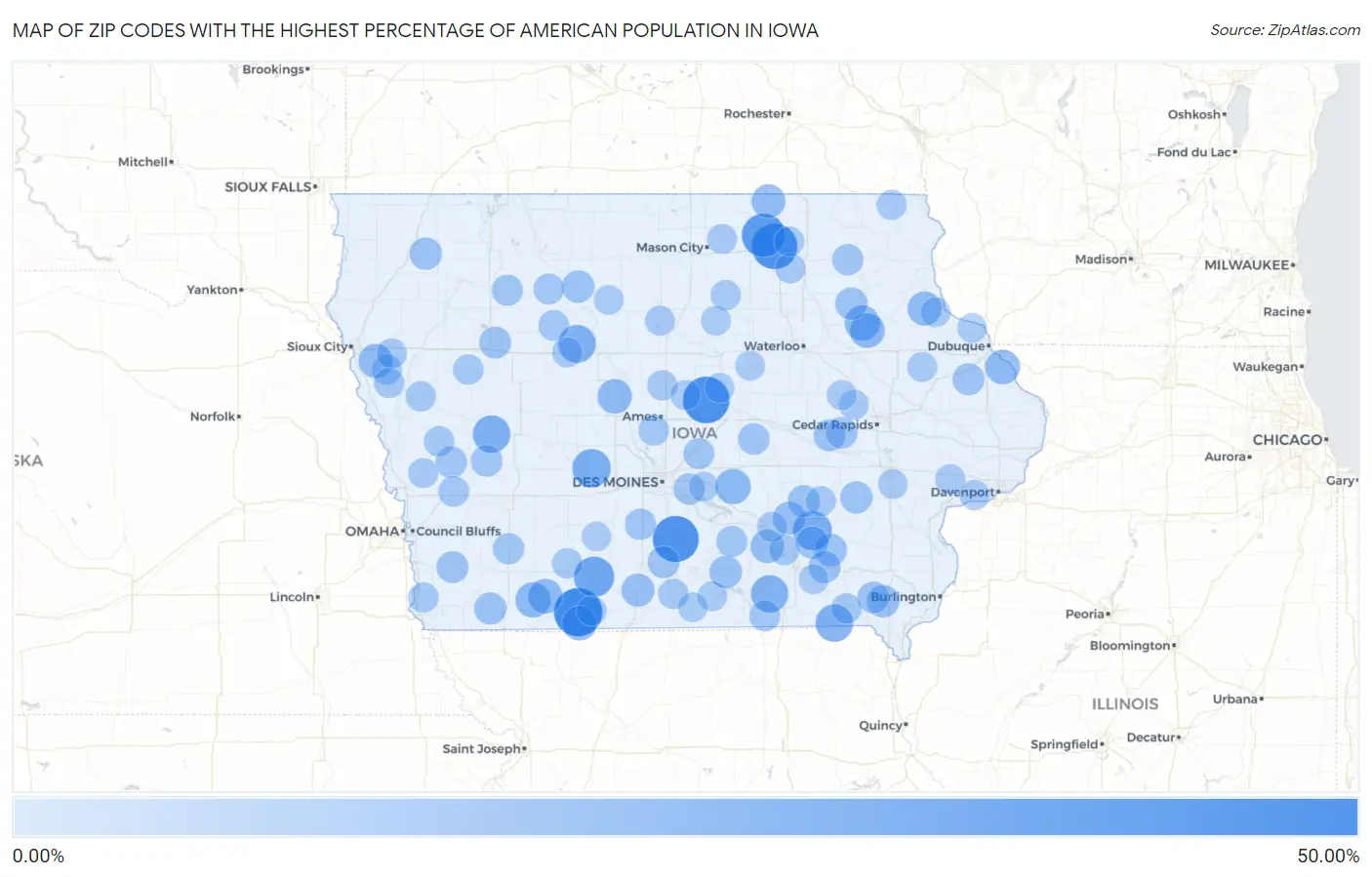 Zip Codes with the Highest Percentage of American Population in Iowa Map