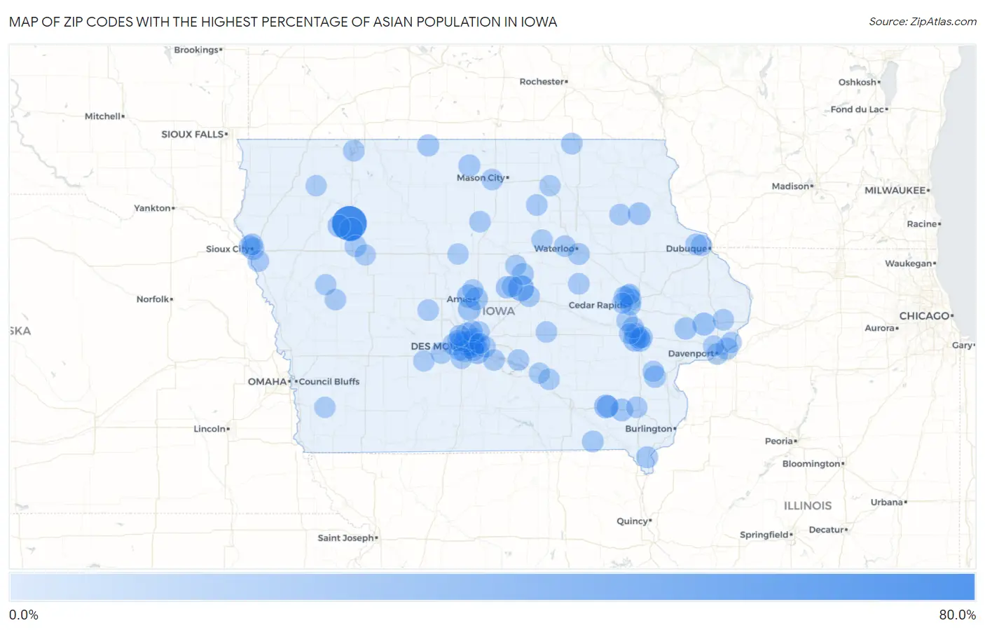 Zip Codes with the Highest Percentage of Asian Population in Iowa Map