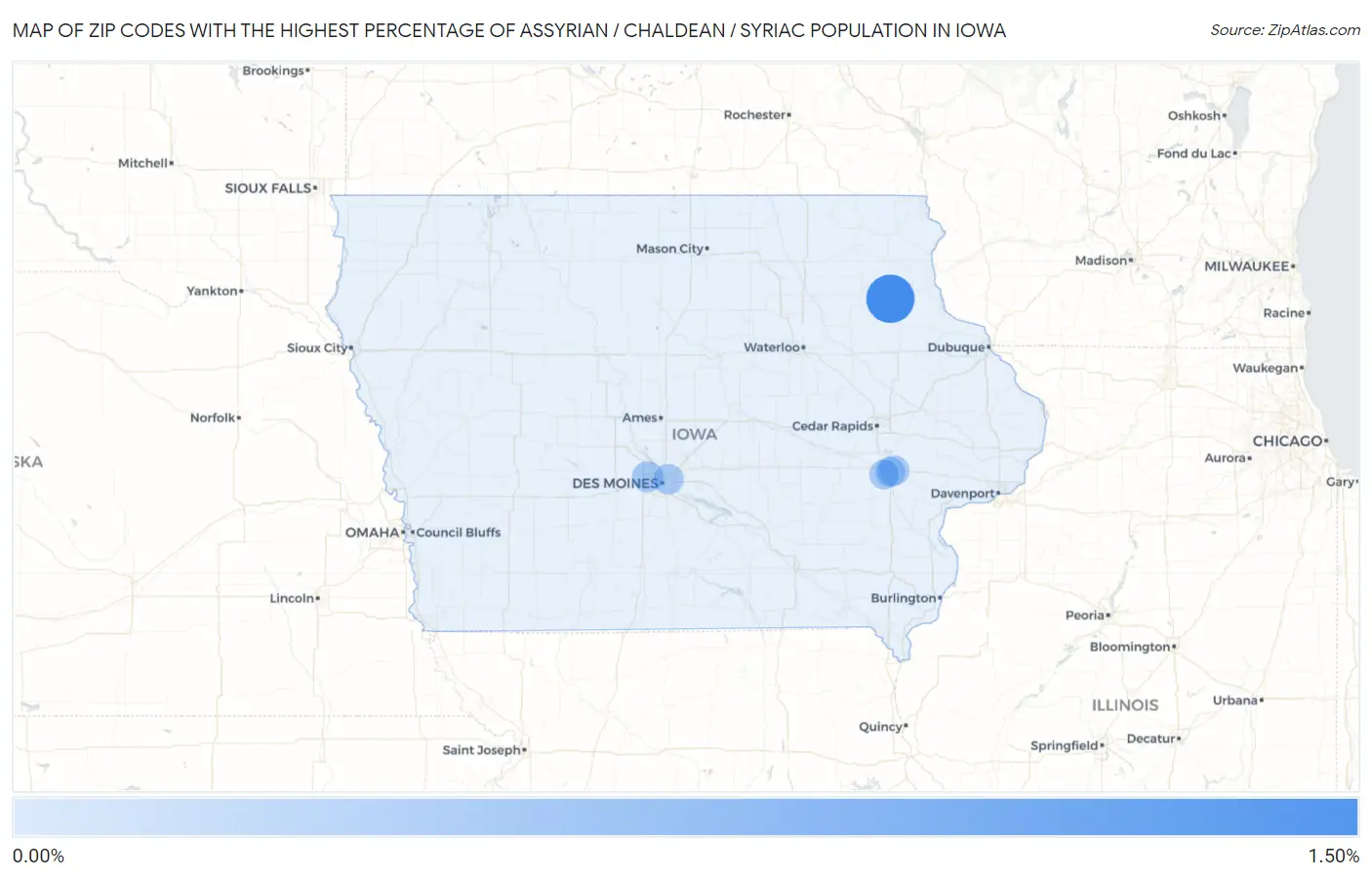 Zip Codes with the Highest Percentage of Assyrian / Chaldean / Syriac Population in Iowa Map