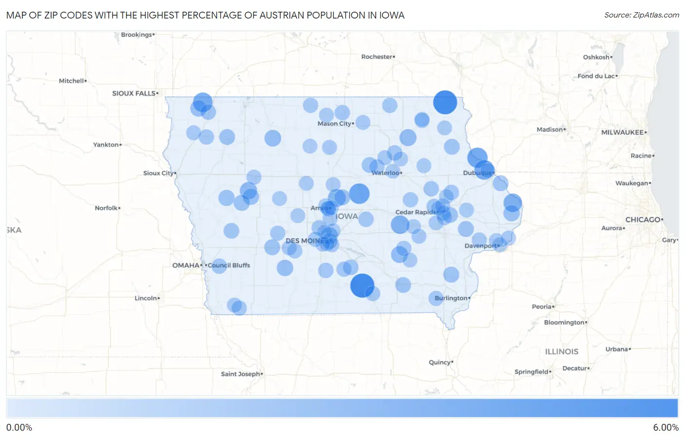 Zip Codes with the Highest Percentage of Austrian Population in Iowa Map