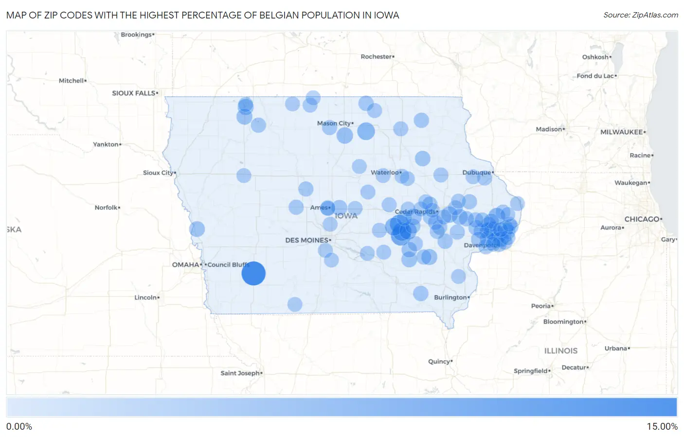 Zip Codes with the Highest Percentage of Belgian Population in Iowa Map
