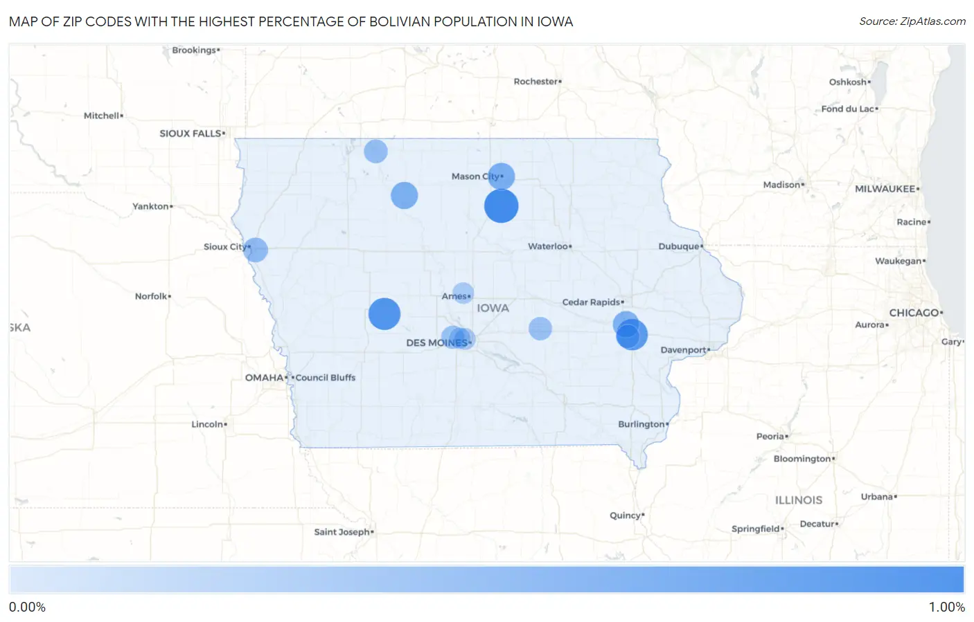 Zip Codes with the Highest Percentage of Bolivian Population in Iowa Map