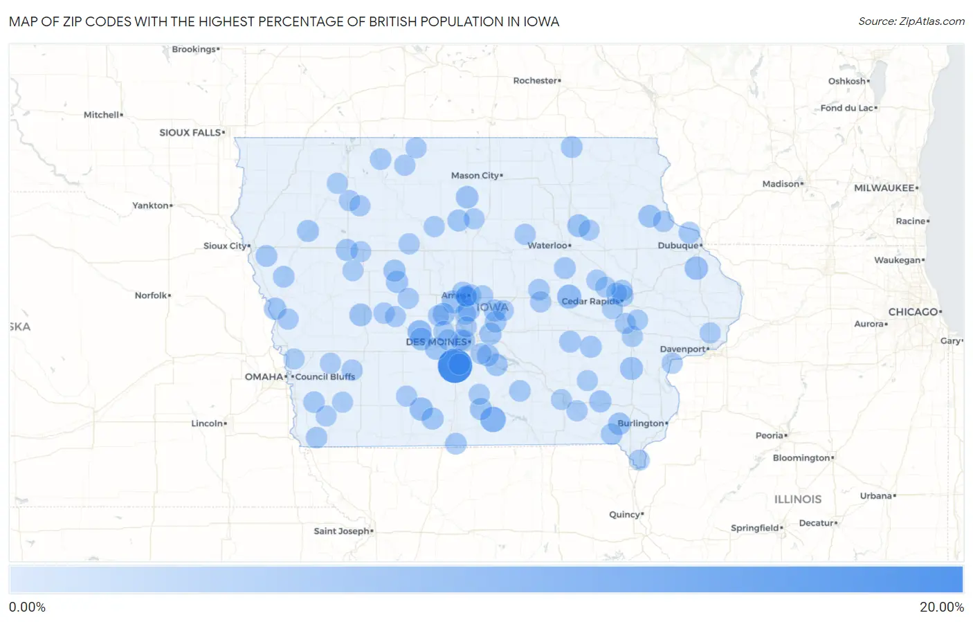 Zip Codes with the Highest Percentage of British Population in Iowa Map