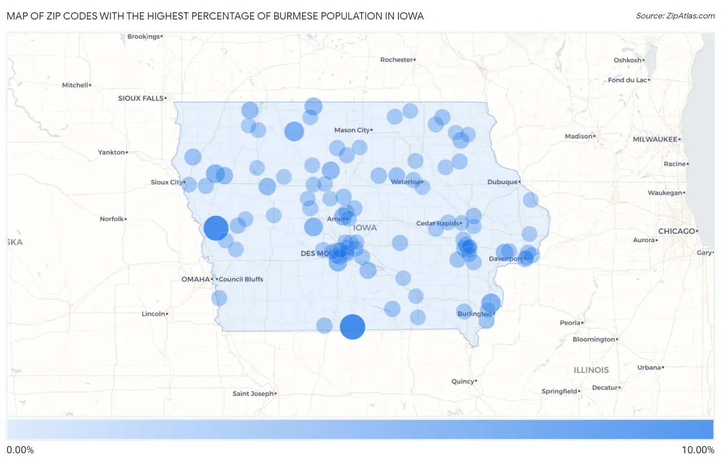 Zip Codes with the Highest Percentage of Burmese Population in Iowa Map