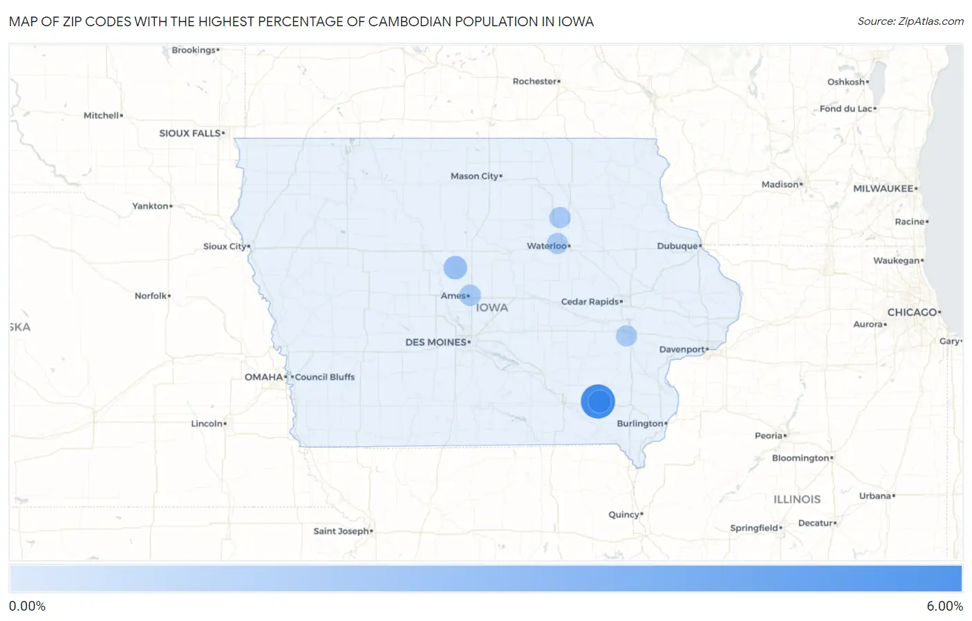 Zip Codes with the Highest Percentage of Cambodian Population in Iowa Map