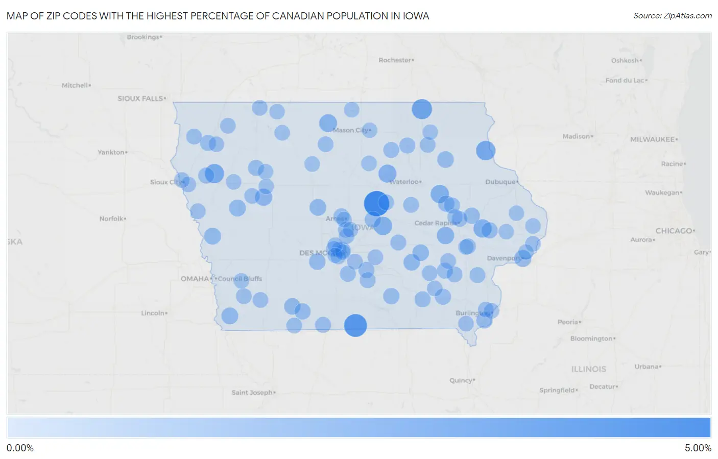 Zip Codes with the Highest Percentage of Canadian Population in Iowa Map