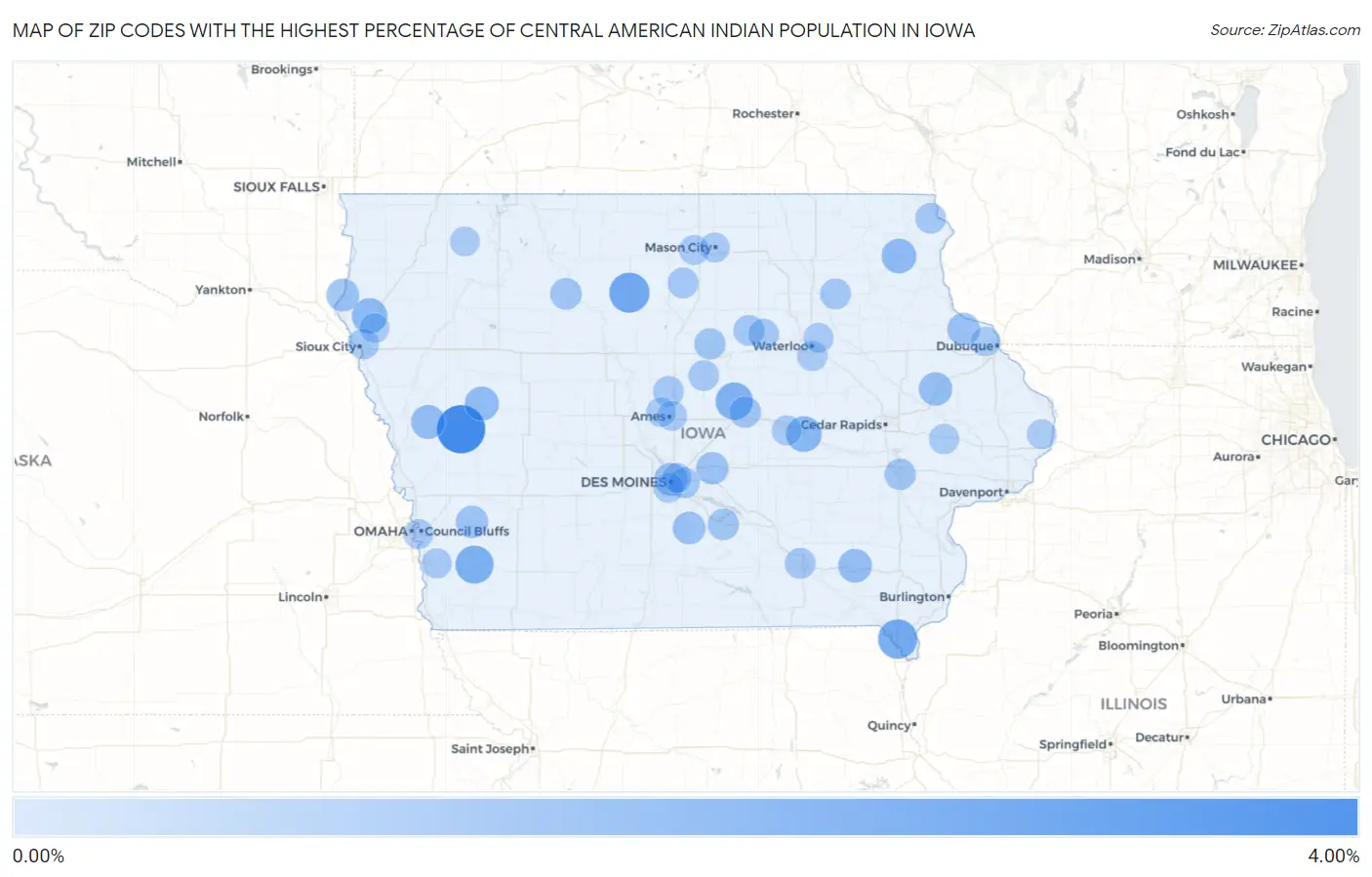 Zip Codes with the Highest Percentage of Central American Indian Population in Iowa Map