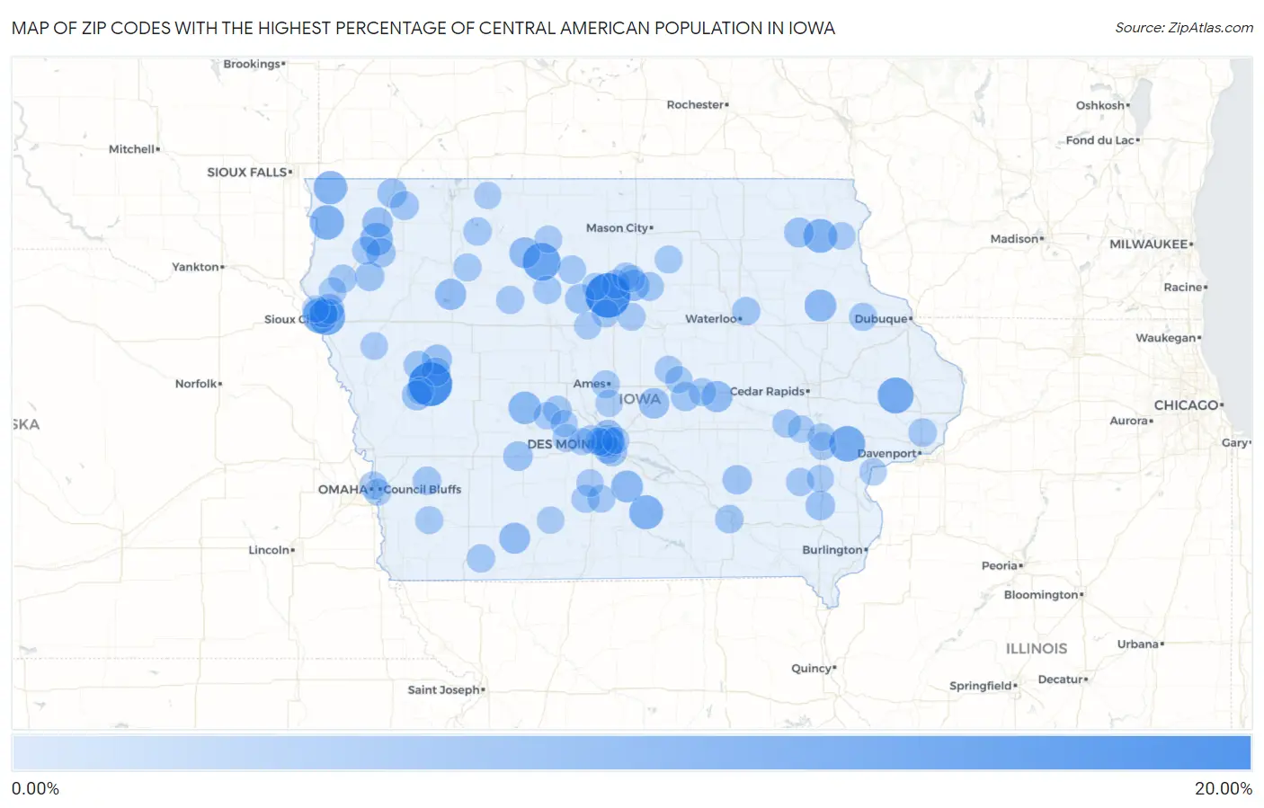 Zip Codes with the Highest Percentage of Central American Population in Iowa Map