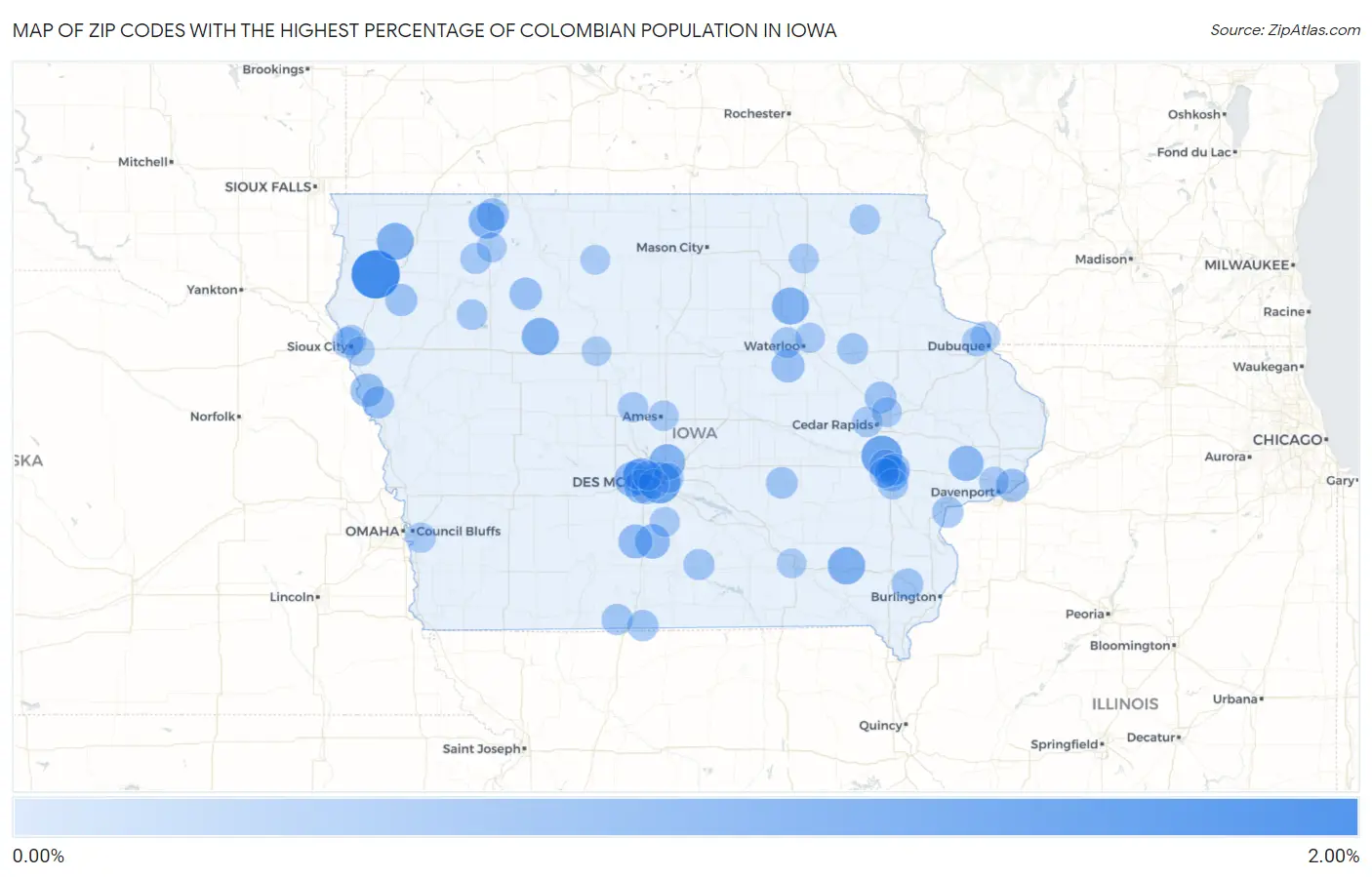 Zip Codes with the Highest Percentage of Colombian Population in Iowa Map