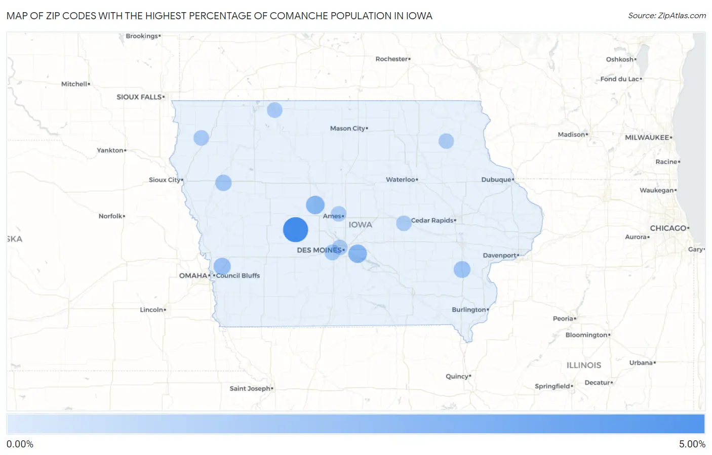 Zip Codes with the Highest Percentage of Comanche Population in Iowa Map