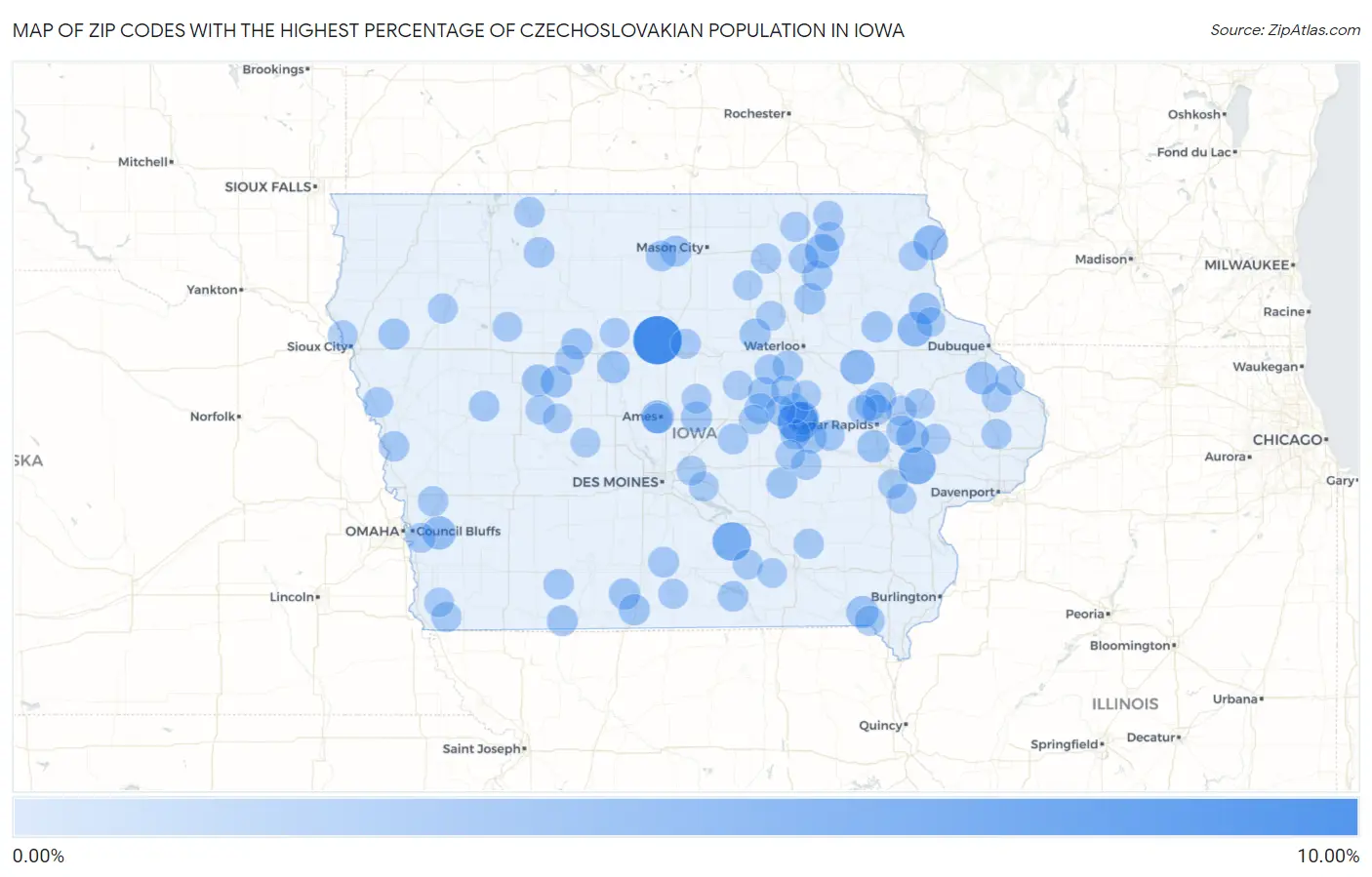 Zip Codes with the Highest Percentage of Czechoslovakian Population in Iowa Map