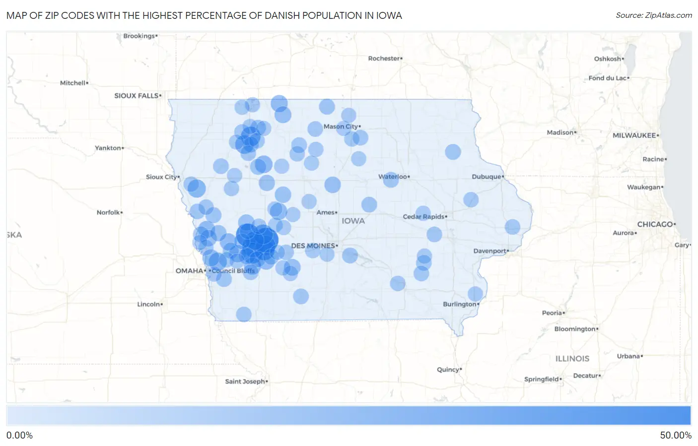 Zip Codes with the Highest Percentage of Danish Population in Iowa Map