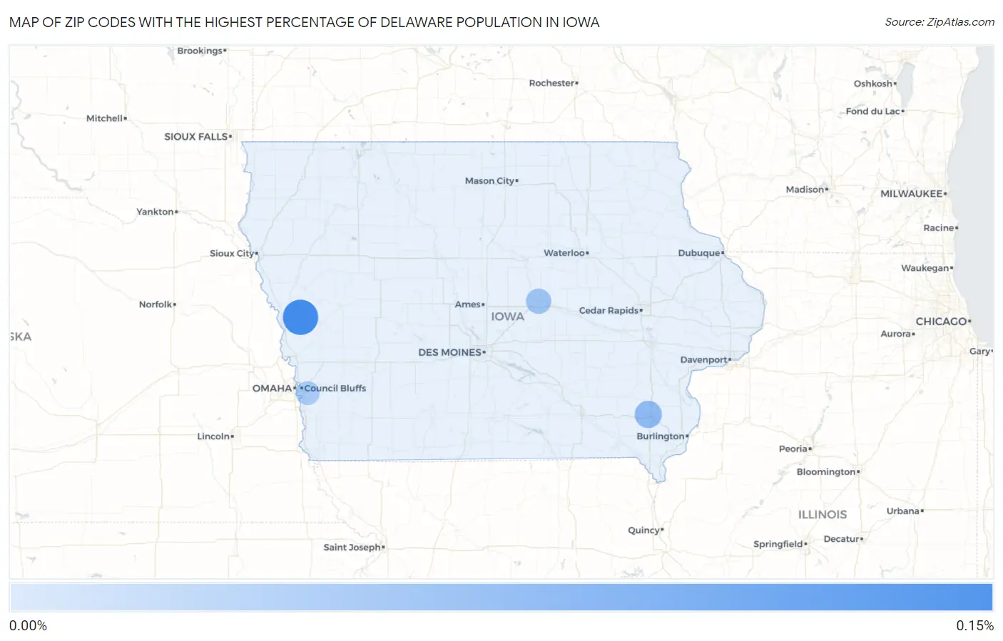 Zip Codes with the Highest Percentage of Delaware Population in Iowa Map