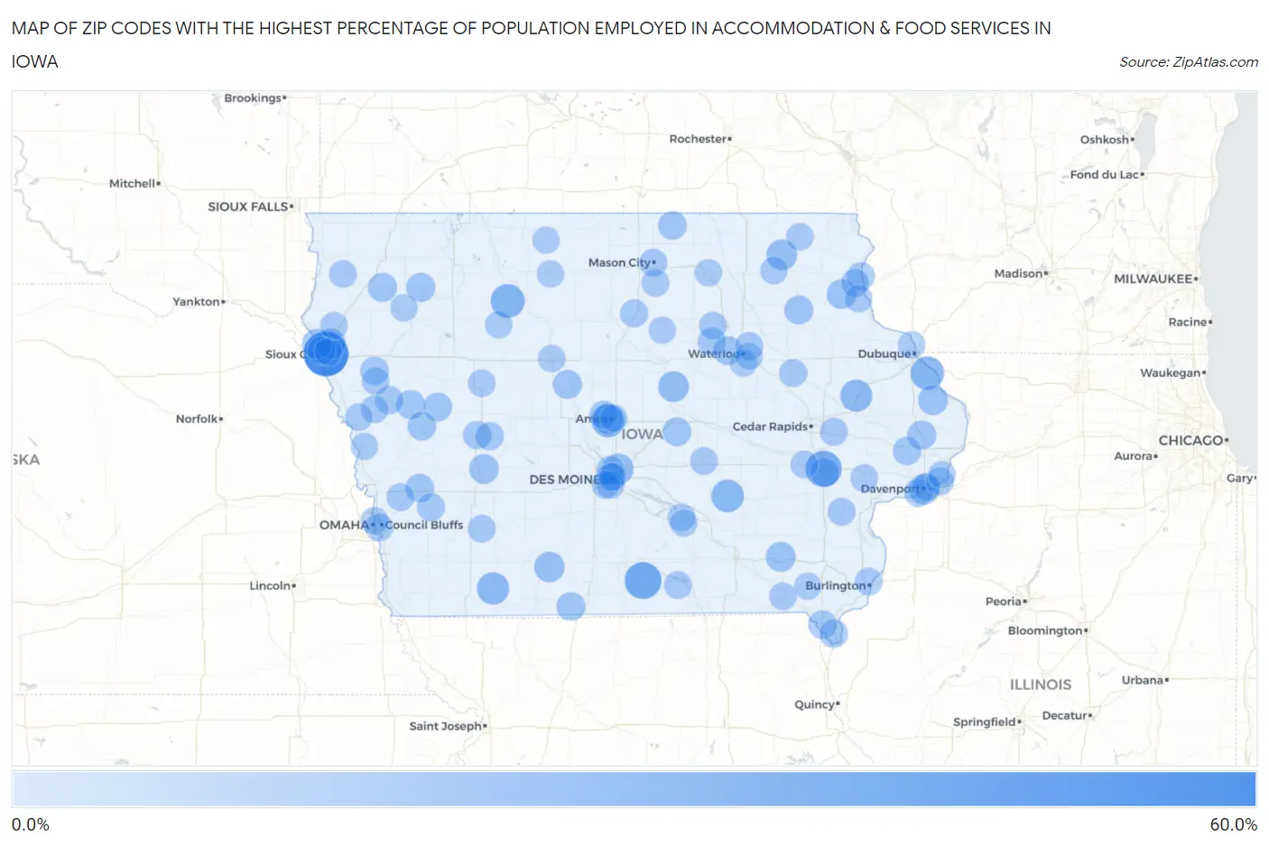 Zip Codes with the Highest Percentage of Population Employed in Accommodation & Food Services in Iowa Map