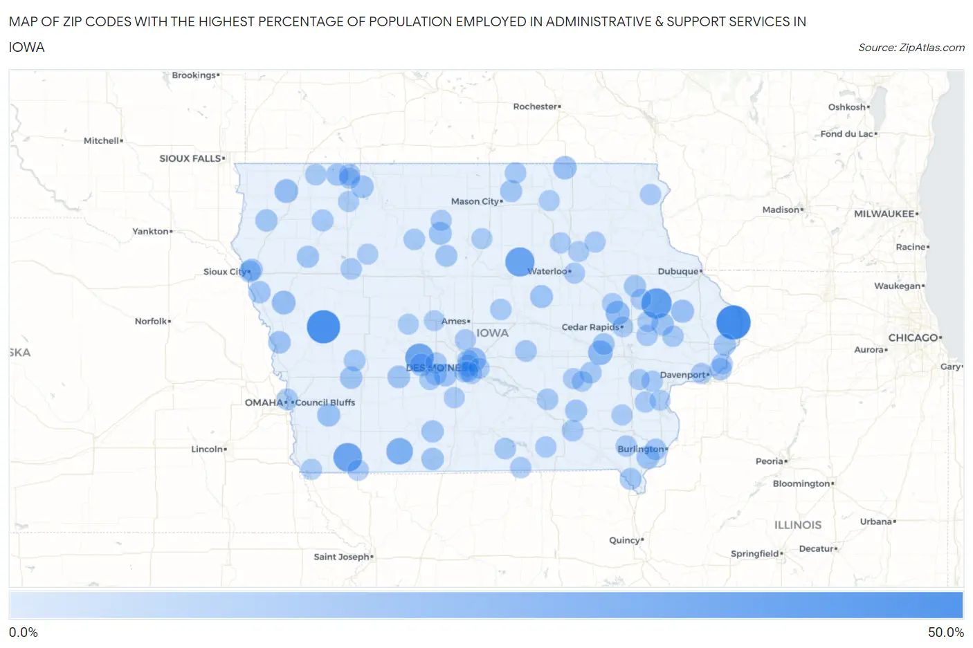 Zip Codes with the Highest Percentage of Population Employed in Administrative & Support Services in Iowa Map