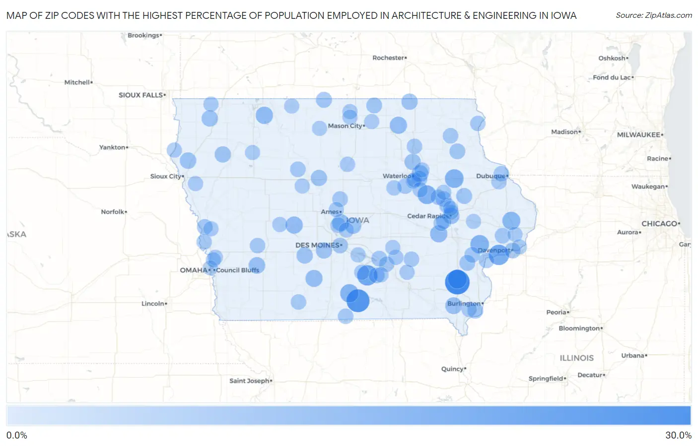 Zip Codes with the Highest Percentage of Population Employed in Architecture & Engineering in Iowa Map