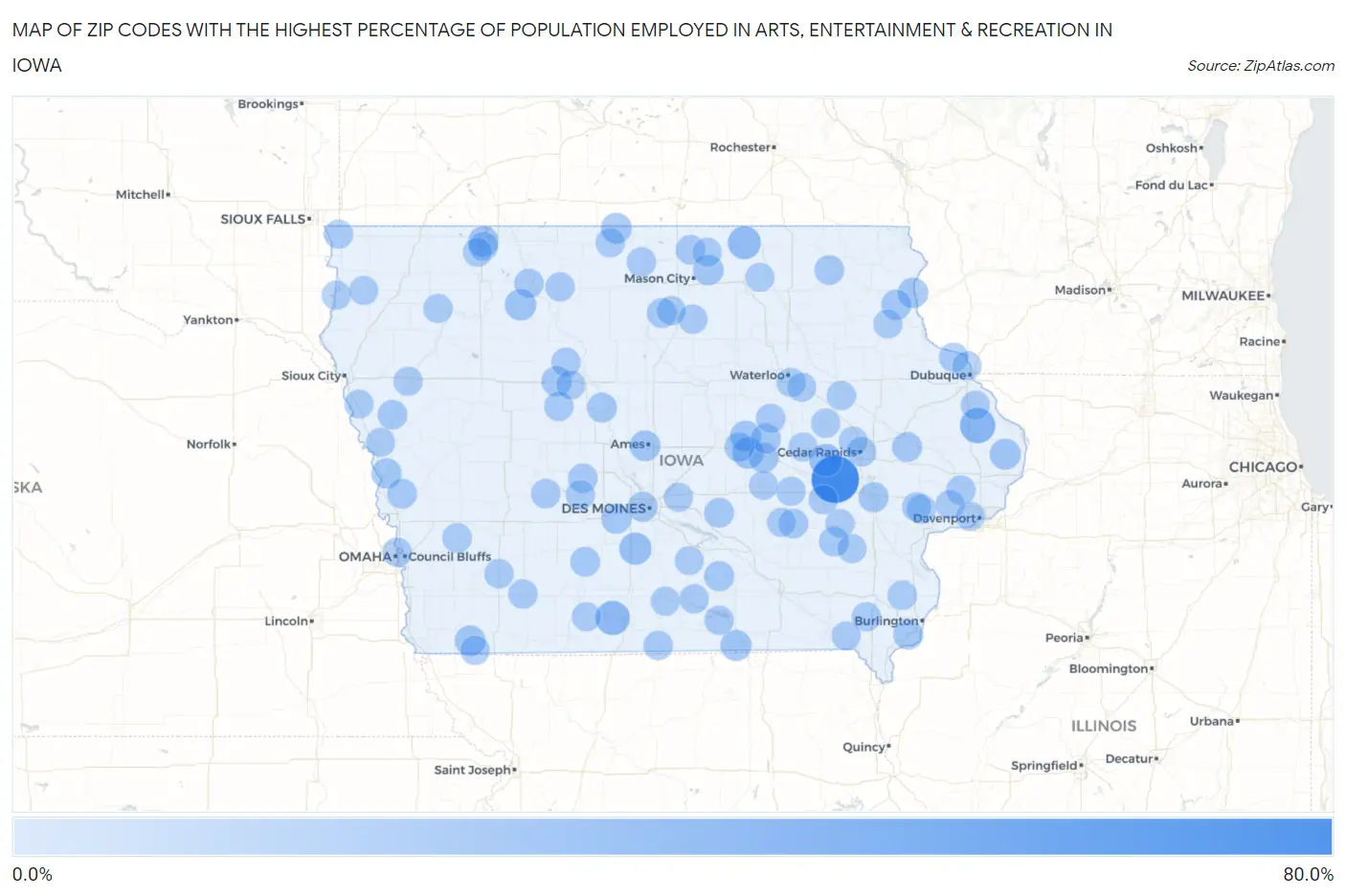Zip Codes with the Highest Percentage of Population Employed in Arts, Entertainment & Recreation in Iowa Map