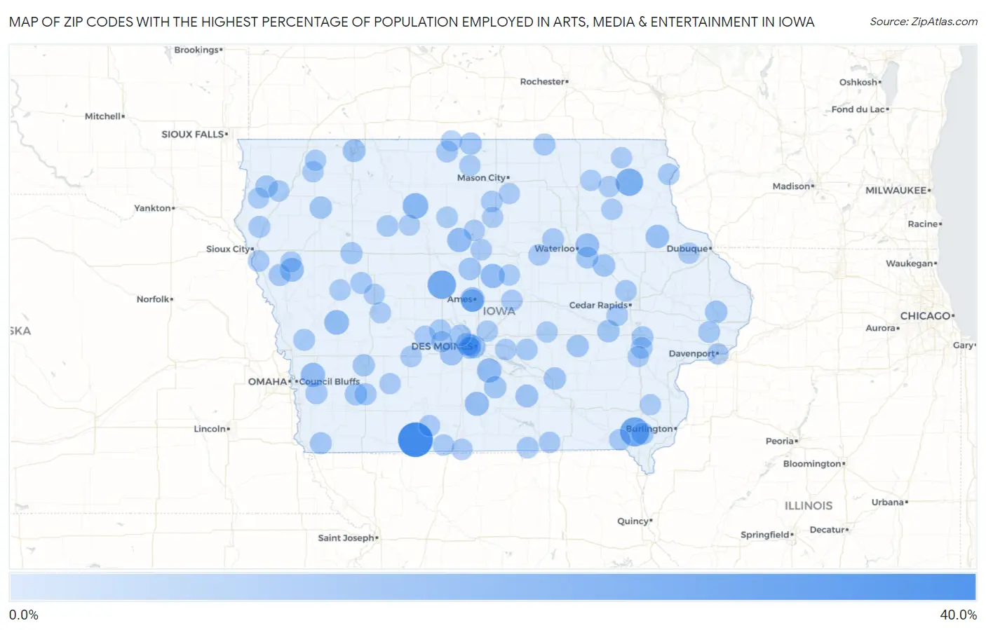 Zip Codes with the Highest Percentage of Population Employed in Arts, Media & Entertainment in Iowa Map