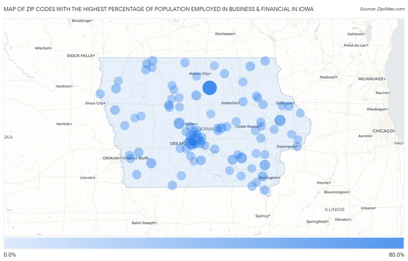 Zip Codes with the Highest Percentage of Population Employed in Business & Financial in Iowa Map