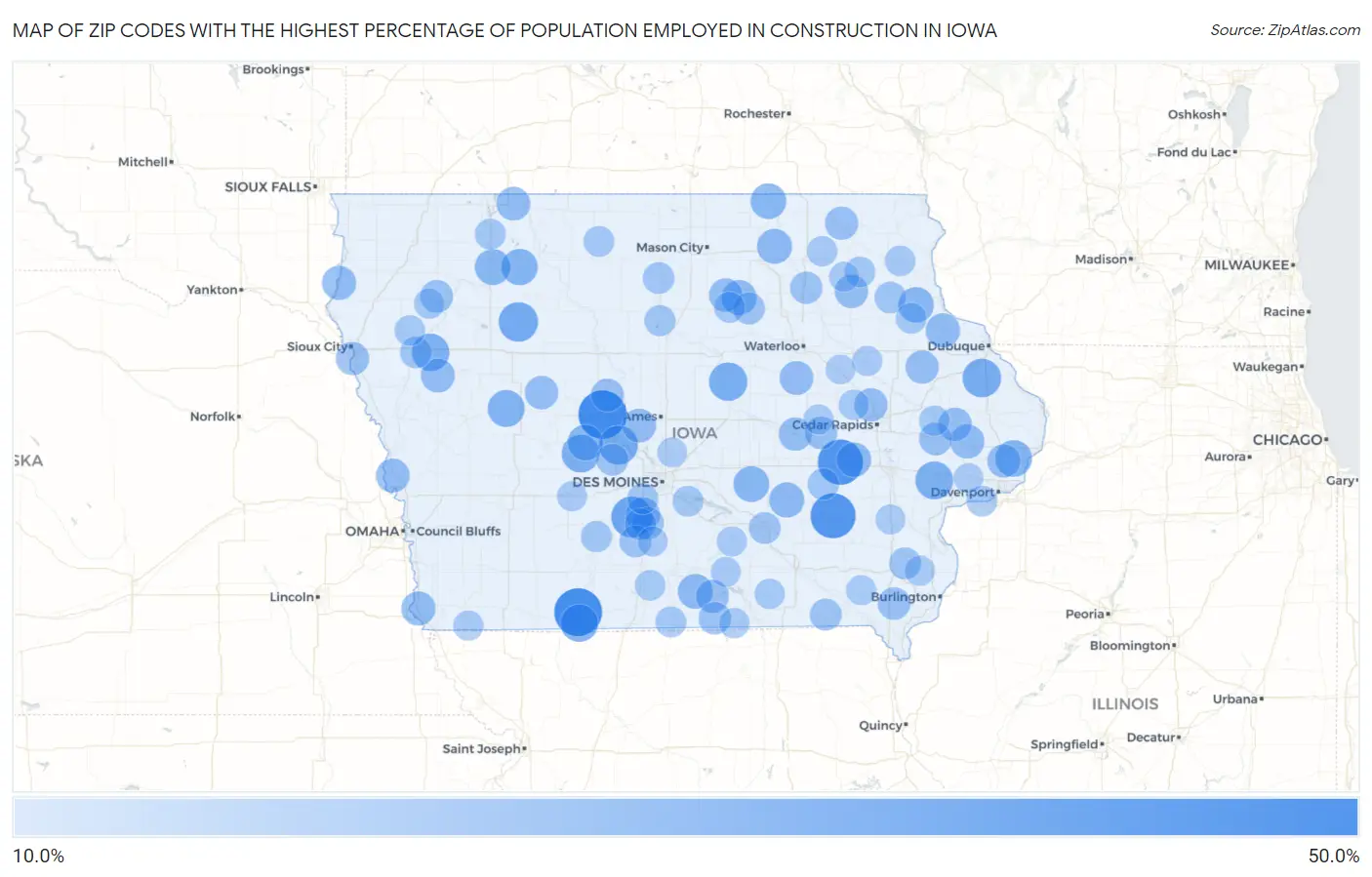 Zip Codes with the Highest Percentage of Population Employed in Construction in Iowa Map