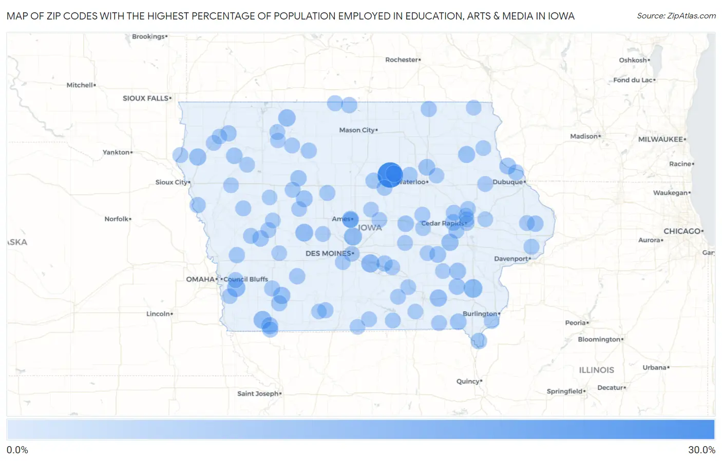 Zip Codes with the Highest Percentage of Population Employed in Education, Arts & Media in Iowa Map