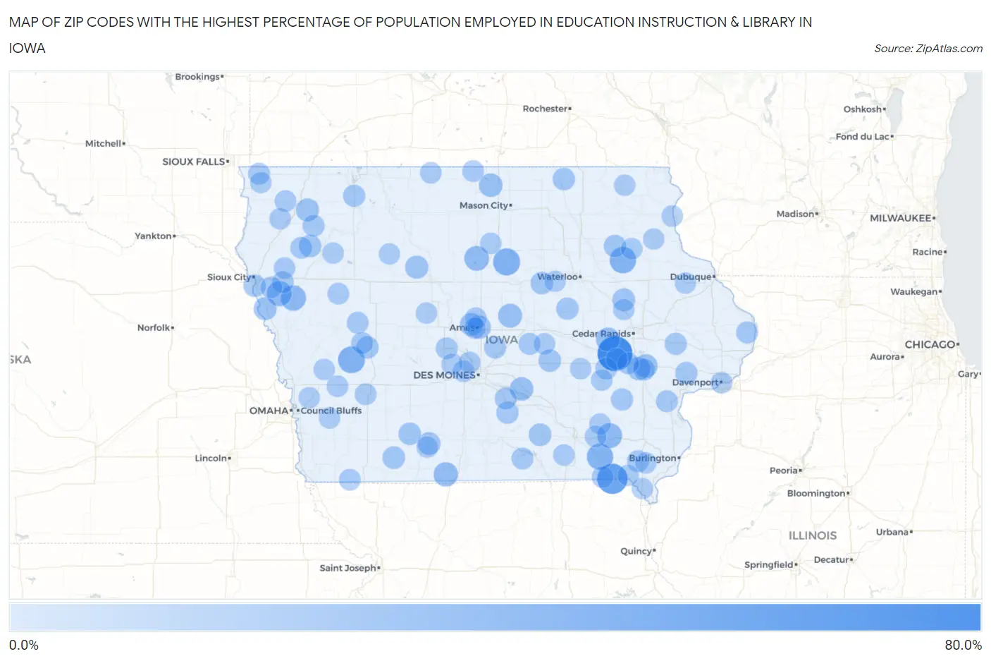 Zip Codes with the Highest Percentage of Population Employed in Education Instruction & Library in Iowa Map
