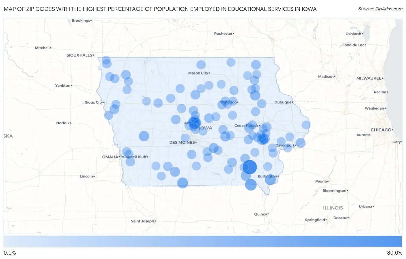 Zip Codes with the Highest Percentage of Population Employed in Educational Services in Iowa Map