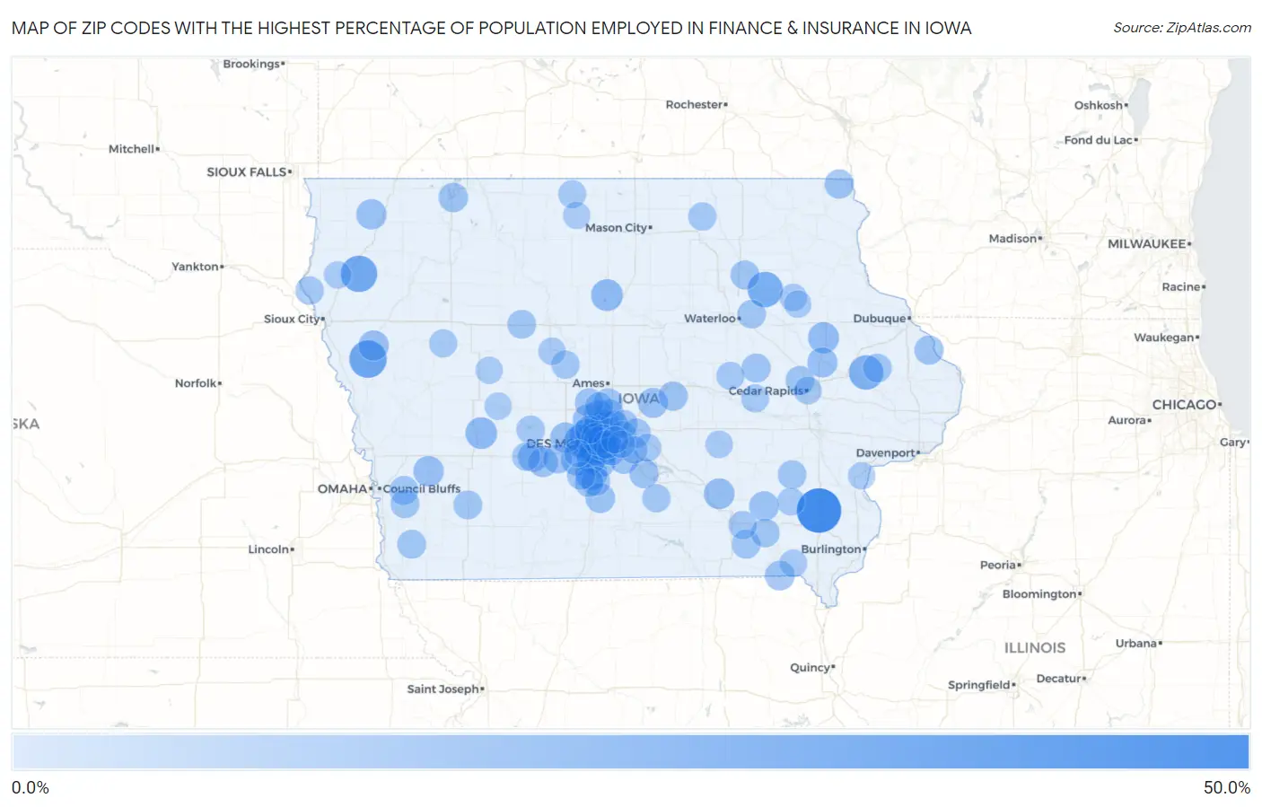 Zip Codes with the Highest Percentage of Population Employed in Finance & Insurance in Iowa Map