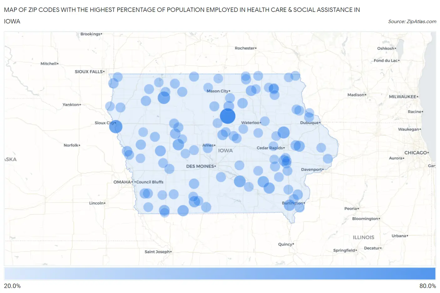 Zip Codes with the Highest Percentage of Population Employed in Health Care & Social Assistance in Iowa Map