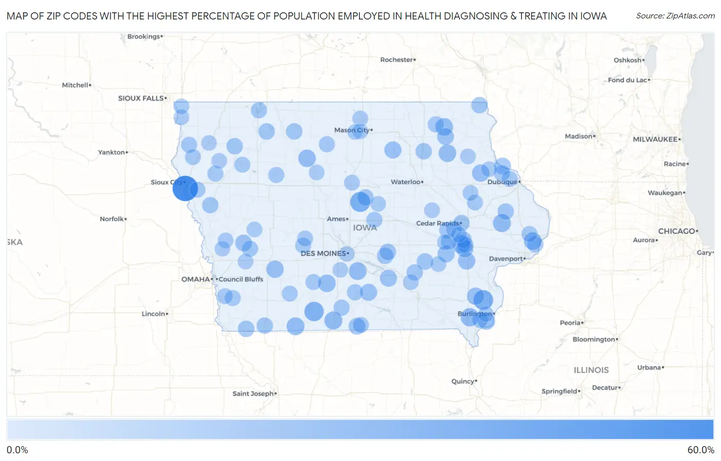 Zip Codes with the Highest Percentage of Population Employed in Health Diagnosing & Treating in Iowa Map