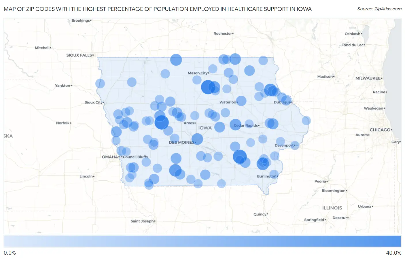 Zip Codes with the Highest Percentage of Population Employed in Healthcare Support in Iowa Map