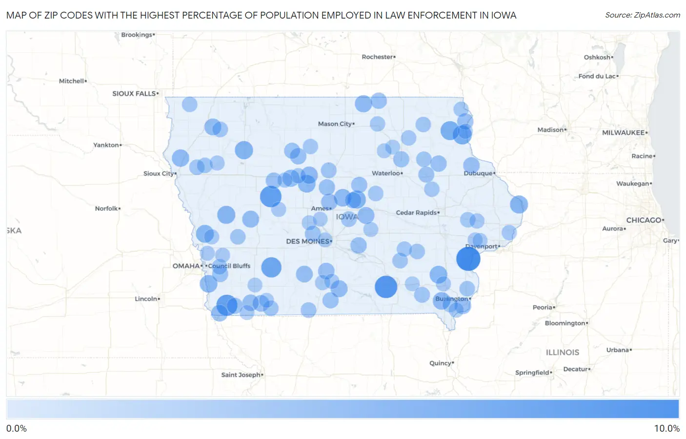 Zip Codes with the Highest Percentage of Population Employed in Law Enforcement in Iowa Map