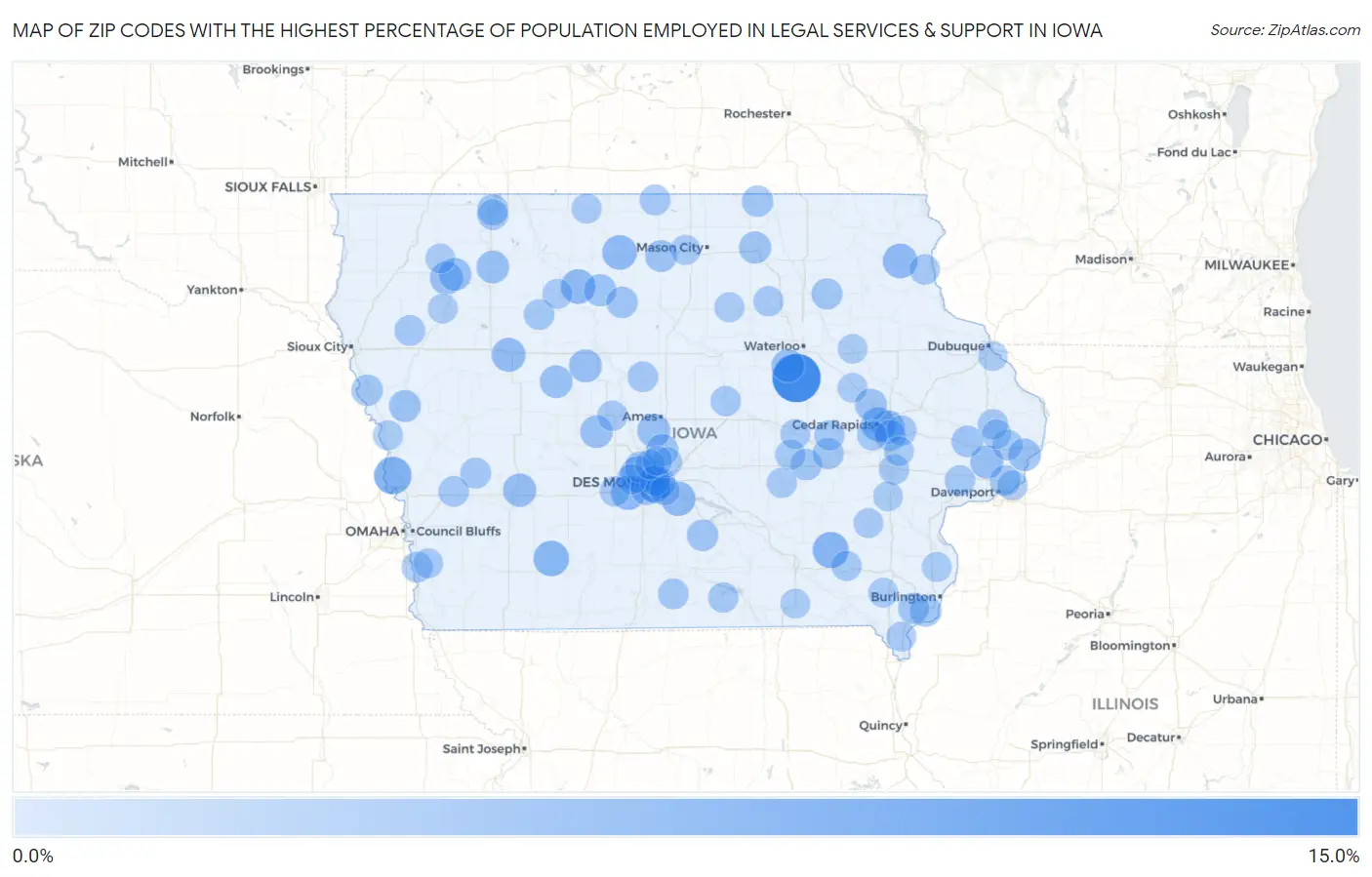 Zip Codes with the Highest Percentage of Population Employed in Legal Services & Support in Iowa Map