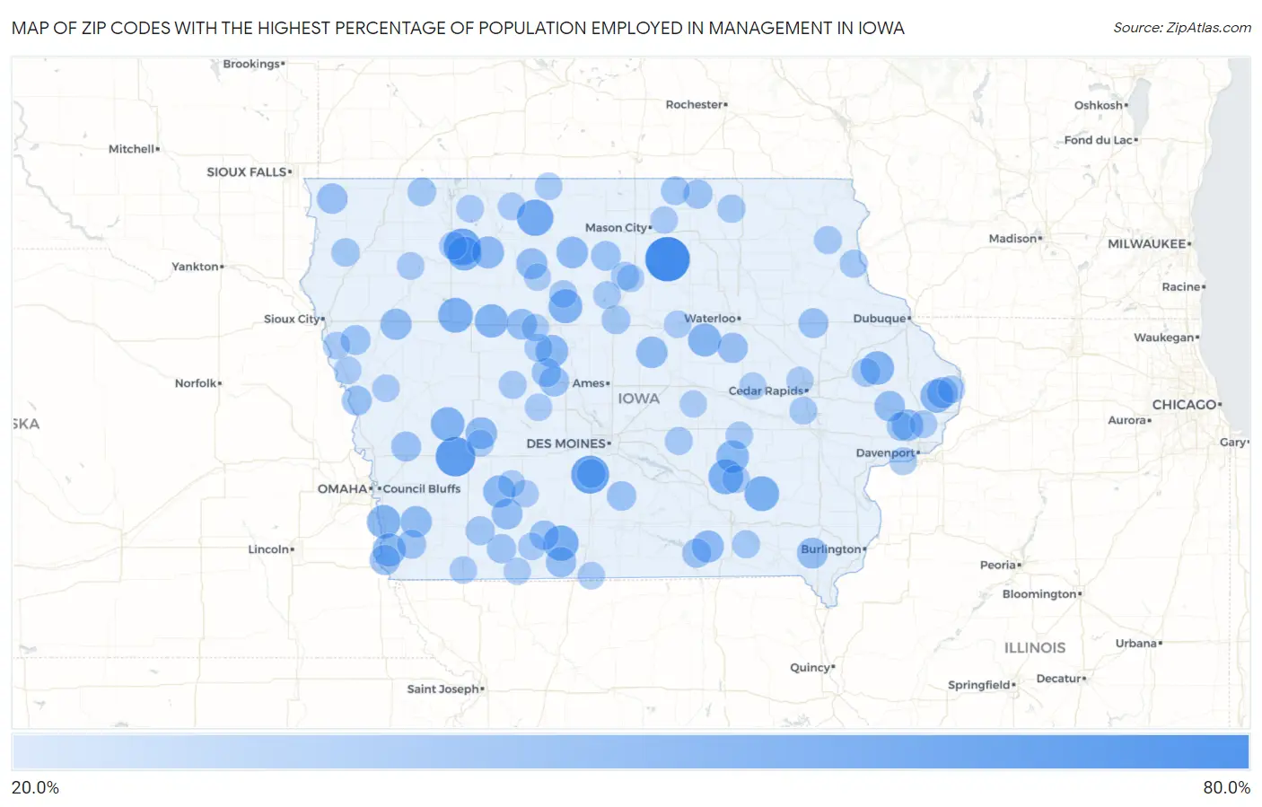 Zip Codes with the Highest Percentage of Population Employed in Management in Iowa Map