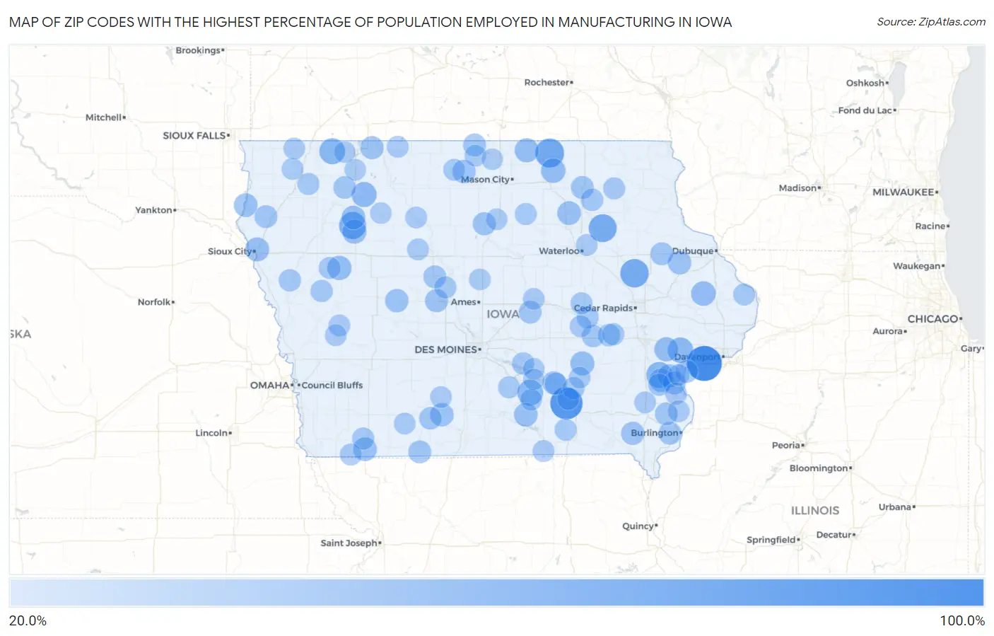 Zip Codes with the Highest Percentage of Population Employed in Manufacturing in Iowa Map