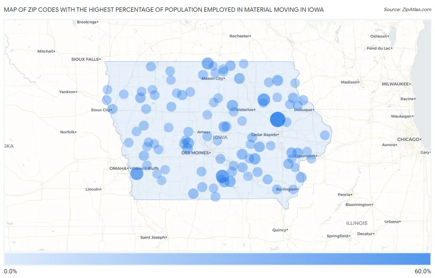 Zip Codes with the Highest Percentage of Population Employed in Material Moving in Iowa Map