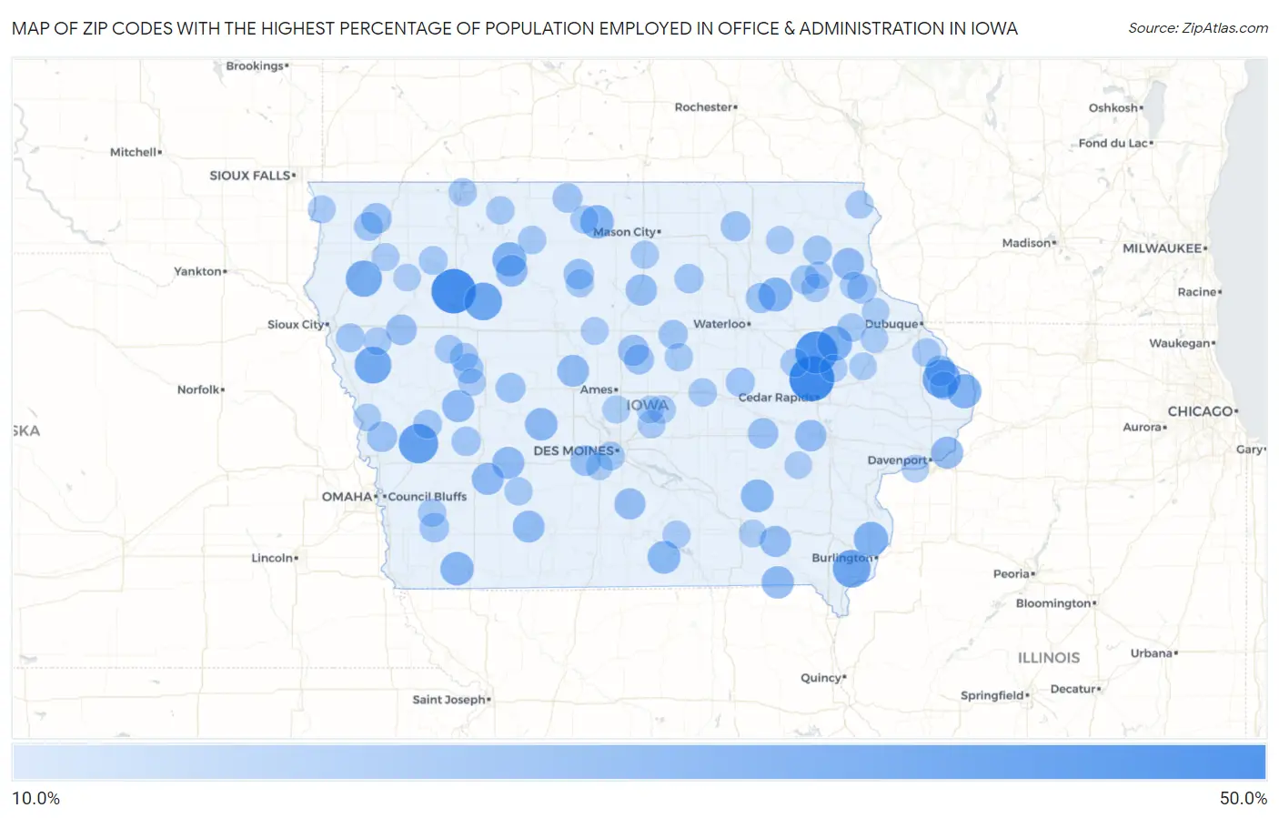 Zip Codes with the Highest Percentage of Population Employed in Office & Administration in Iowa Map
