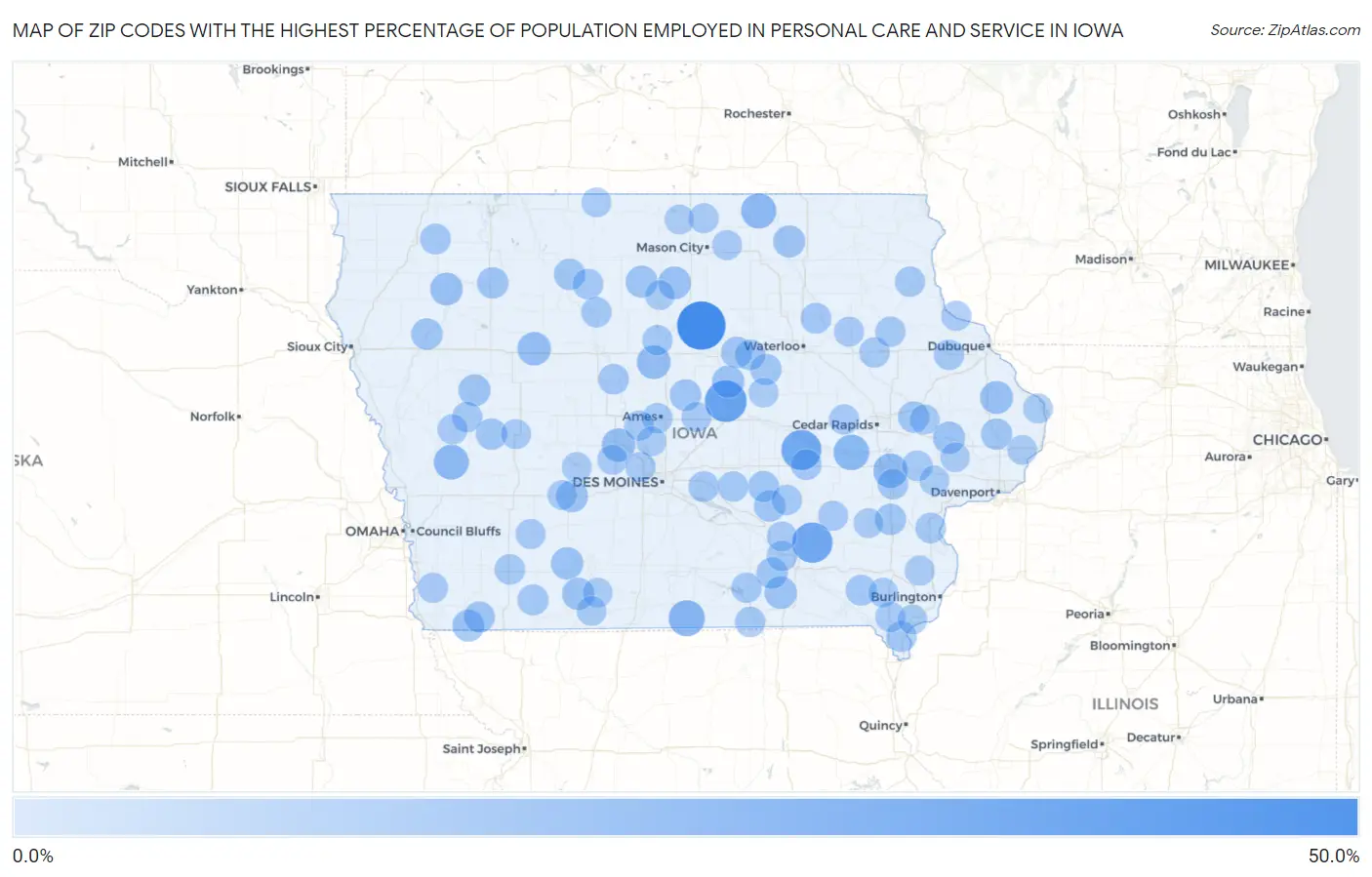 Zip Codes with the Highest Percentage of Population Employed in Personal Care and Service in Iowa Map